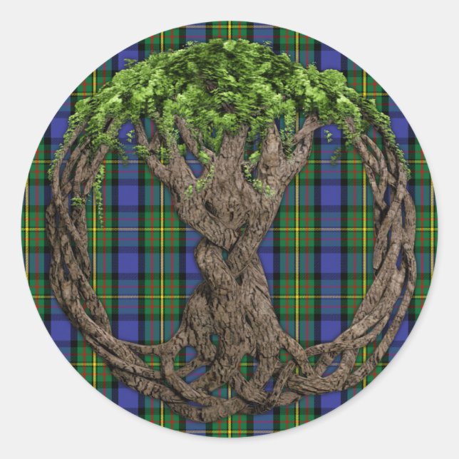 Pegatina Redonda Clan MacLaren Tartán Y Árbol Celta De La Vida (Anverso)