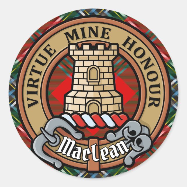 Pegatina Redonda Clan MacLean Escudo sobre Tartán (Anverso)