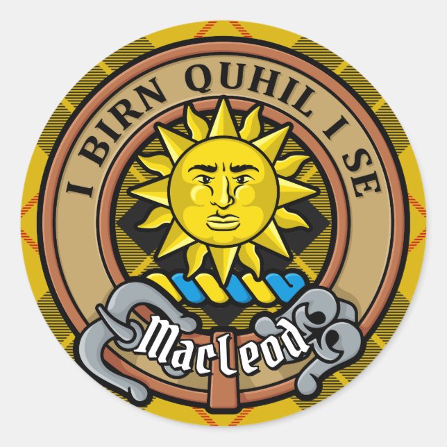 Pegatina Redonda Clan MacLeod de Lewis Escudo sobre Tartán (Anverso)