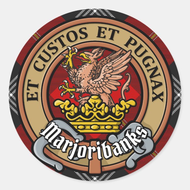 Pegatina Redonda Clan Marjoribanks Escudo sobre Tartán (Anverso)