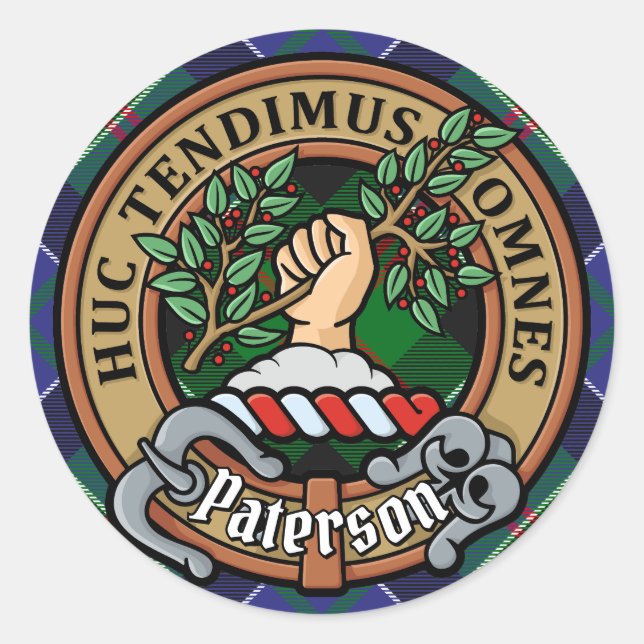 Pegatina Redonda Clan Paterson Escudo sobre Tartán (Anverso)