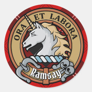 Pegatina Redonda Clan Ramsay Escudo sobre Tartán Rojo
