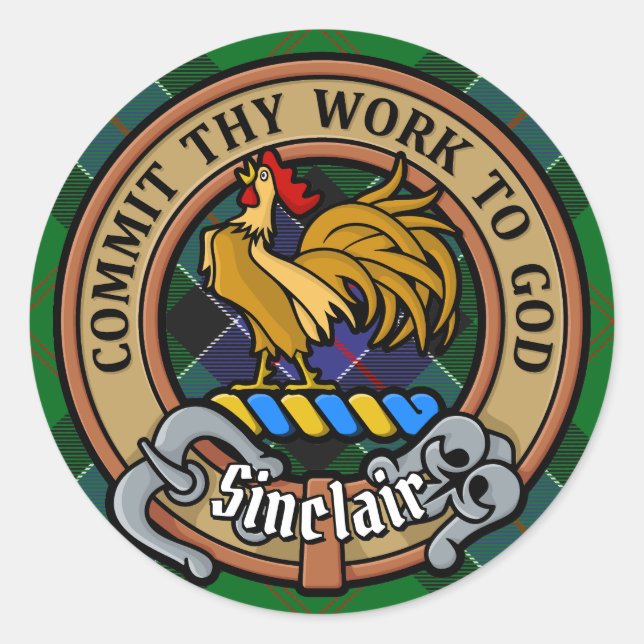 Pegatina Redonda Clan Sinclair Escudo sobre la caza de tartán (Anverso)