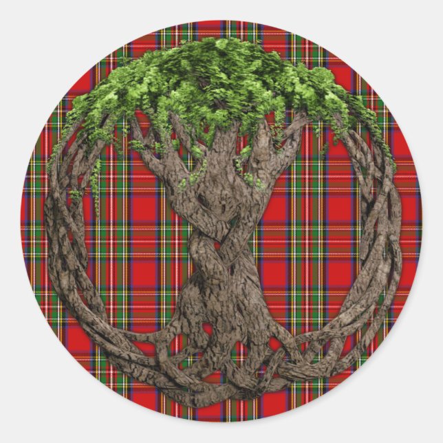Pegatina Redonda Clan Stewart Tartán Y Árbol Celta De La Vida (Anverso)