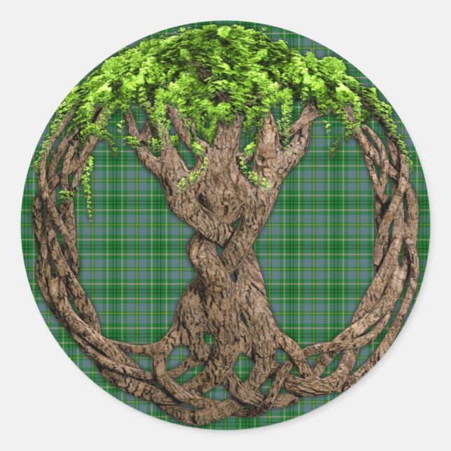 Pegatina Redonda Clan Taylor Tartán Y Árbol Celta De La Vida (Anverso)