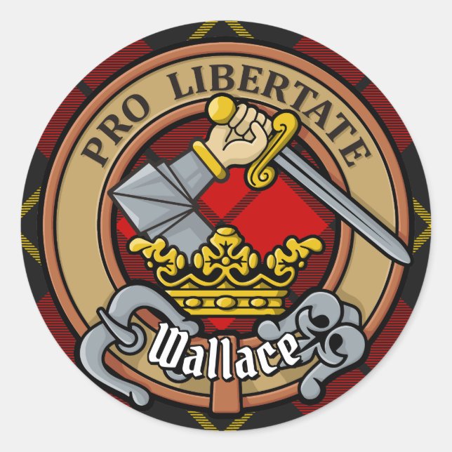 Pegatina Redonda Clan Wallace Escudo por Tartán (Anverso)