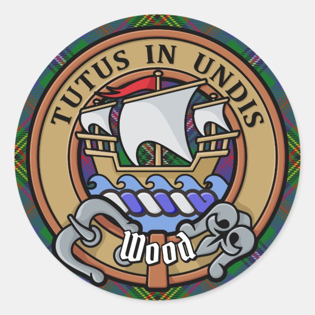 Pegatina Redonda Clan Wood Escudo sobre Tartán (Anverso)