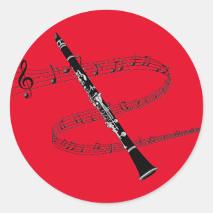 Pegatina Redonda Clarinet en el fondo musical rojo