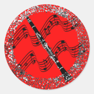 Pegatina Redonda Clarinete, fondo rojo colorido,