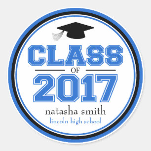 Pegatina Redonda Clase 2017 de favor de la graduación (azul/negro)