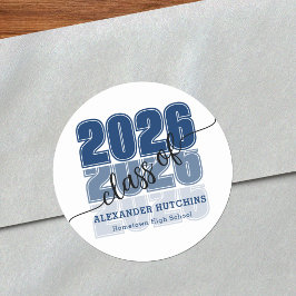 Pegatina Redonda Clase 2026 Azul Marino Graduación Moderna y Negrit