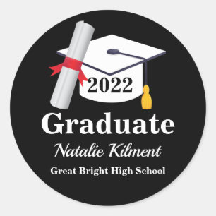 Pegatina Redonda Clase Black and Gold Graduation Cap de 2022