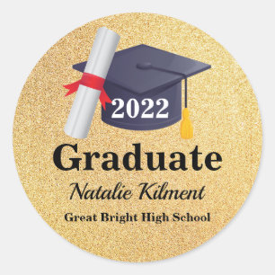 Pegatina Redonda Clase Black and Gold Graduation Cap de 2022