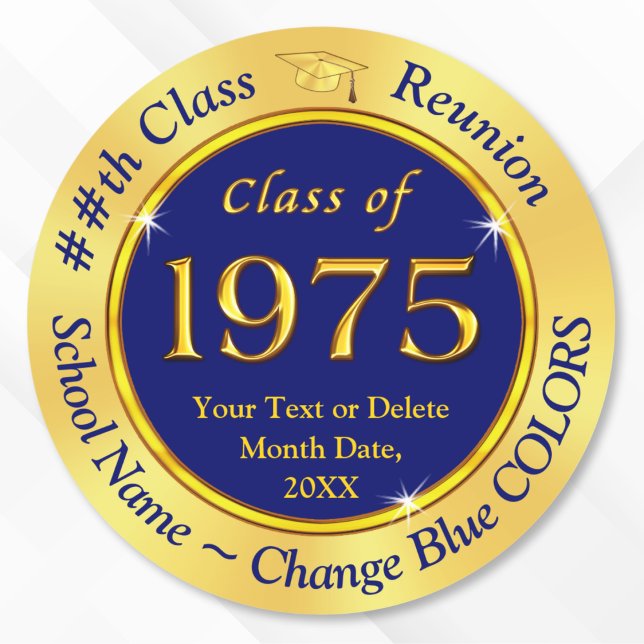 Pegatina Redonda Clase de 1975, Pegatinas sindicales de clase Perso (Class of 1975 Reunion Stickers for 50th class reunion favor stickers for goodie bags. Blue and Gold.)