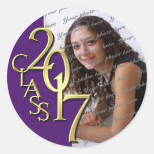Pegatina Redonda Clase de 2017 Foto de graduación en morado y oro