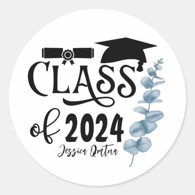 Pegatina Redonda Clase de 2024 blanco y negro simple (Anverso)