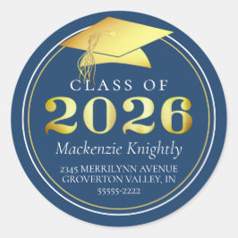 Pegatina Redonda Clase de 2025 Elegant Blue Gold Return Address