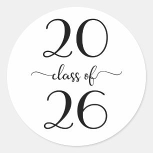 Pegatina Redonda Clase de 2026 Escritura Moderna Blanca Negra Gradu