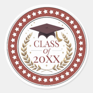 Pegatina Redonda Clase de 2026 Graduación Elegante Rojo y Dorado St