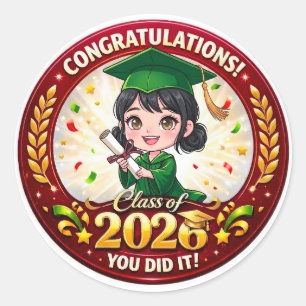 Pegatina Redonda Clase de 2026 Graduada - Verde y Dorado Recuerdo G