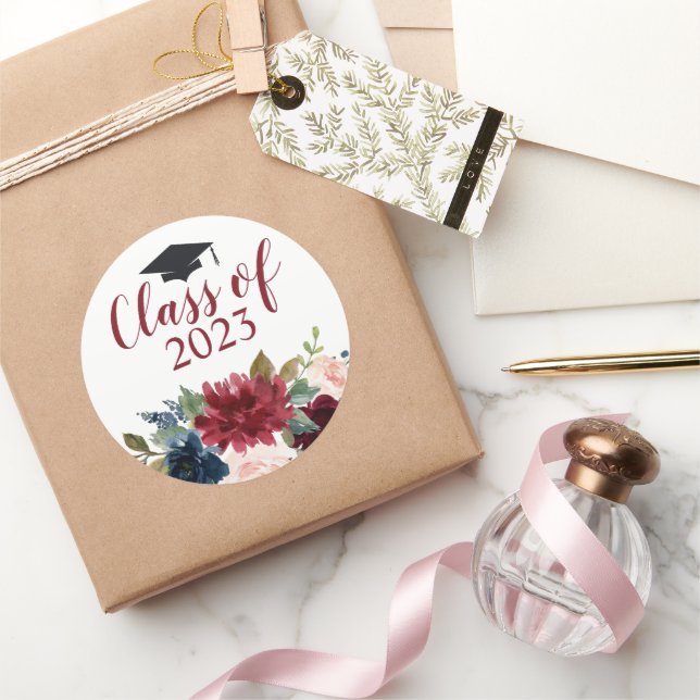 Pegatina Redonda Clase de acuarela floral de Borgoña (Regalar)