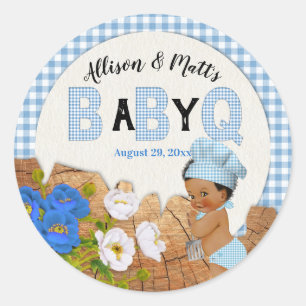 Pegatina Redonda Clase de bebé Q BBQ Niño Azul Gingham Madera Flora