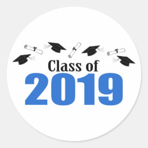 Pegatina Redonda Clase De Caps Y Diplomas De 2019 (Azul)