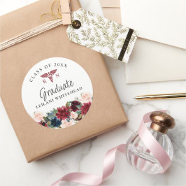 Pegatina Redonda Clase de Enfermería Graduado Burgundy Floral