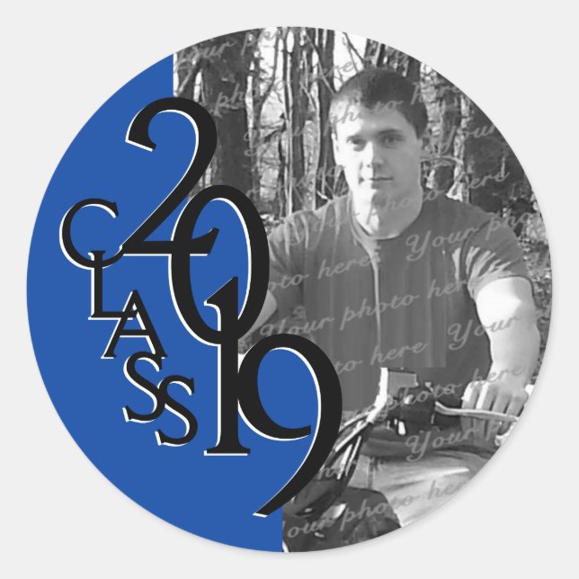 Pegatina Redonda Clase de graduación azul 2019 con foto (Anverso)