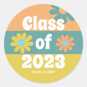 Pegatina Redonda Clase de graduación de Retro Daisies de 2023