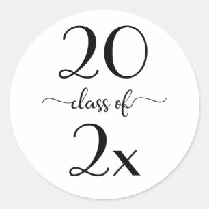 Pegatina Redonda Clase de Graduación en Blanco Negro con escritura 