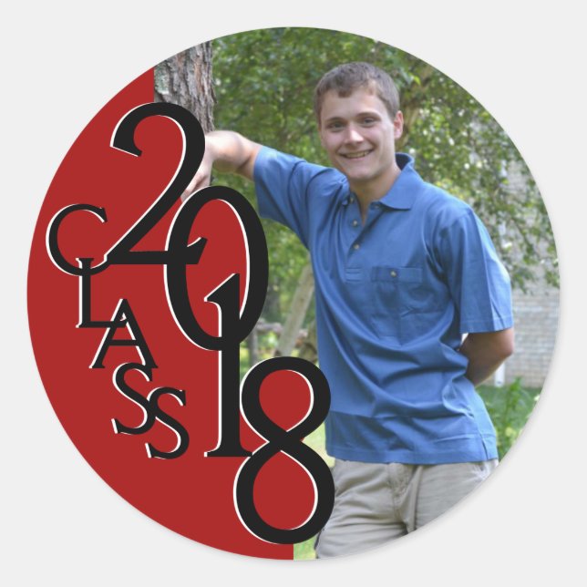 Pegatina Redonda Clase de Graduación Red Varsity 2018 con foto (Anverso)