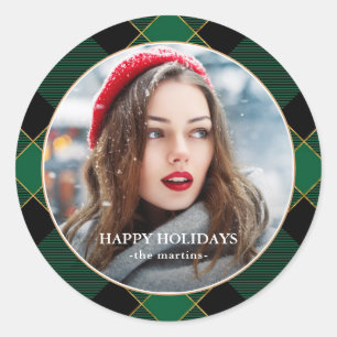 Pegatina Redonda Clase de Navidades Rusos Green Plaid Faux Gold