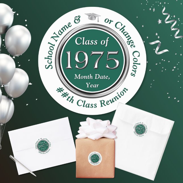 Pegatina Redonda Clase de Pegatinas sindicales de 1975 o diseño de  (Forest Green, White and Silver, Class of 1975 Stickers. Class of 75 party supplies for party bags.)