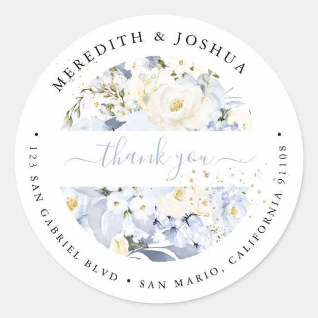 Pegatina Redonda Clase de Recuerdos de Boda con Hortensias Azules H (Anverso)