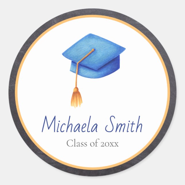 Pegatina Redonda Clase de tapón de graduación azul claro con tassel (Anverso)