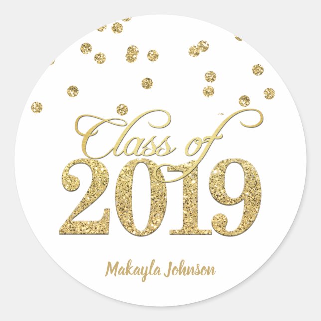 Pegatina Redonda Clase Purpurina Gold Polka-Dots de 2019 Graduación (Anverso)