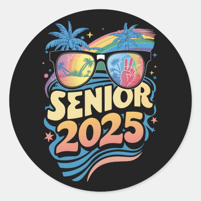 Pegatina Redonda Clase Retro Senior 2025 De Graduación 2025 (Anverso)