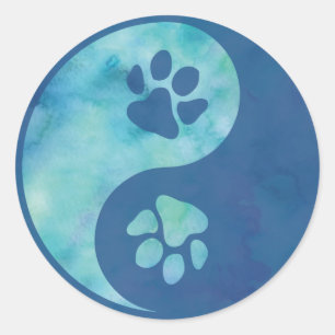 Pegatina redonda clásica azul de Yin Yang Paw