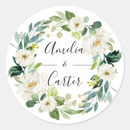 Pegatina redonda clásica boda corona floral blanca