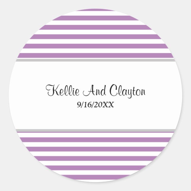 Pegatina redonda clásica boda rayas morado/blanco (Anverso)