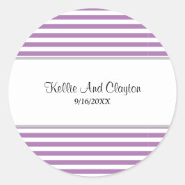 Pegatina redonda clásica boda rayas morado/blanco