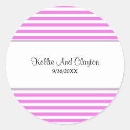 Pegatina redonda clásica boda rayas rosa/blanco