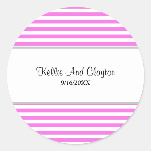 Pegatina redonda clásica boda rayas rosa/blanco (Anverso)