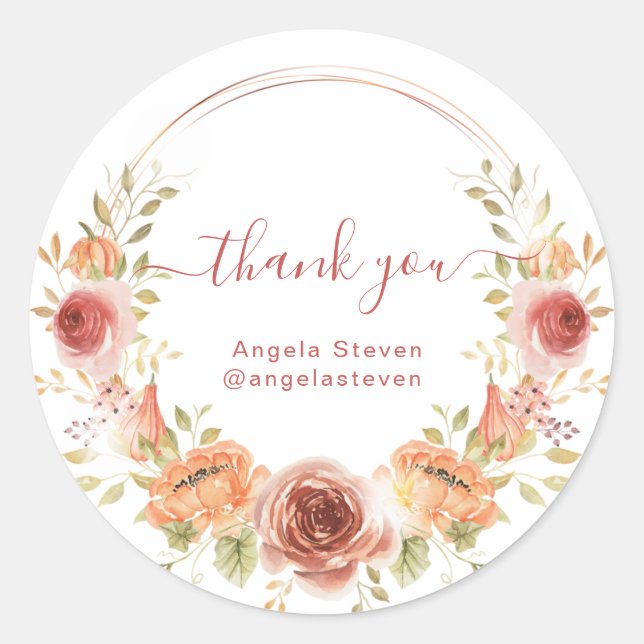 Pegatina redonda clásica de agradecimiento floral  (Anverso)