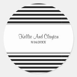 Pegatina redonda clásica de boda con rayas negras 