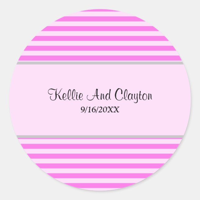 Pegatina redonda clásica de boda de rayas rosadas (Anverso)