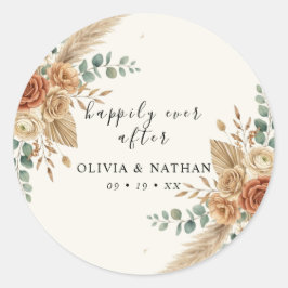 Pegatina redonda clásica de boda floral Boho Pampa