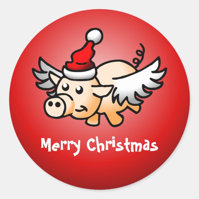 Pegatina redonda clásica de Flying Pig Navidad (Anverso)