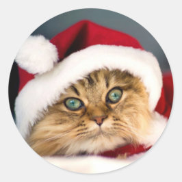 Pegatina redonda clásica de gato atigrado de Santa